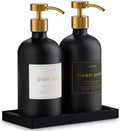 Glass Soap Dispenser Set of 2 (Black) with Silicone Tray | Hand and Dish Soap Dispenser for Kitchen and Bathroom | 16.8 Oz Glass Bottles with Stainless Steel Pump & 15 Waterproof Labels (Black/Gold) by Unknown