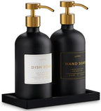 Glass Soap Dispenser Set of 2 (Black) with Silicone Tray | Hand and Dish Soap Dispenser for Kitchen and Bathroom | 16.8 Oz Glass Bottles with Stainless Steel Pump & 15 Waterproof Labels (Black/Gold) by Unknown