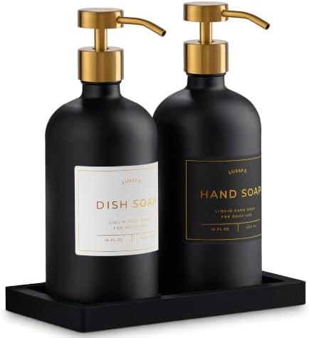 Glass Soap Dispenser Set of 2 (Black) with Silicone Tray | Hand and Dish Soap Dispenser for Kitchen and Bathroom | 16.8 Oz Glass Bottles with Stainless Steel Pump & 15 Waterproof Labels (Black/Gold) by Unknown