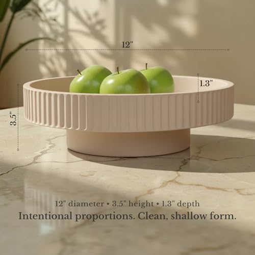 JUPTR Concrete Fruit Bowl (12") – Shallow Fluted Pedestal Decorative Centerpiece Bowl for Table, Entryway Catch-All & Modern Home Decor – Heavyweight Stone Bowl (Beige) - Image 3