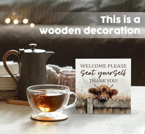Highland Cow Bathroom Decor Sign - Farmhouse Western Animal Bathroom Decor,Rustic Farm Animal Welcome Please Seat Yourself Thank You Signs,Highland Cow Gifts for Women Signs & Plaques - Image 2