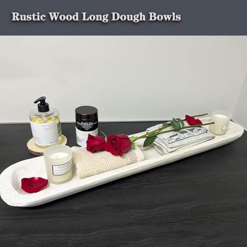 Wooden Dough Bowls Decorative，Rustic Bread Long Bowls Decor Wood Tray, Hand Carved for Table Centerpiece Decor, Home Decor (30 * 6 * 2inch White) - Image 4