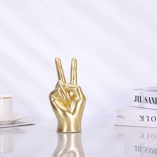 LCCCK Gold Hand Sculpture Peace Sign Decor, Cool Gesture Hand Statue Finger Knick Knack for Shelves, Weird Gift Funky Sculpture for Desk Bookshelf TV Stand Accent Ornaments Peaceful Decor - Image 3