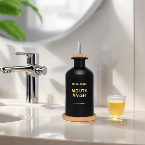 Mouthwash Dispenser for Bathroom 11.8oz – Glass Mouthwash Bottle with Cup & Bamboo Tray, Gold Hot-Stamped Lettering, Silicone Base, Modern Bathroom Accessory (Black) - Image 2