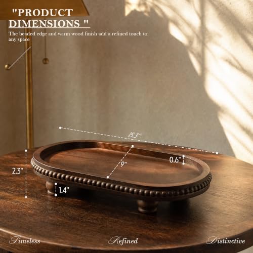 Oval Decorative Wooden Tray with Beaded Edge for Bathroom Counter, Brown - Image 2