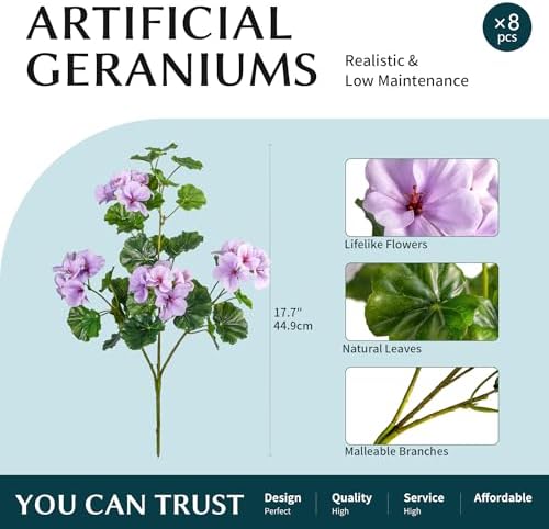 Artificial Geraniums for Outdoors, 8 Stems 17.7 Inch Purple Faux Geranium Bush Fake Flowers UV Resistant Fall Porch Patio Garden Planter Window Box Indoor Decor, Pot Not Included - Image 2
