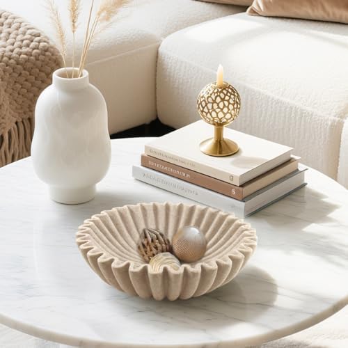 10'' Large Ruffle Decorative Fruit Bowl for Entryway Coffee Table Scalloped Purse Key Holder Kitchen Countertop Console Modern Organic Home Decor, Artificial Stone Beige - Image 4