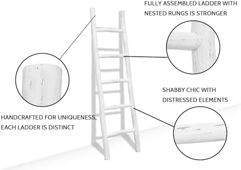 FUIN Blanket Ladder, 57in Rustic Wood Decor Rack, Fully Assembled, White - Image 3