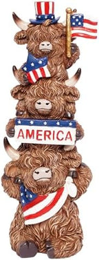 7.09inch Highland Cow 4th of July Decor, Stacked Patriotic Trio Figurine with Star & Stripe Accents, Rustic Resin Figurine for Farmhouse Table Decoration, US 250th Independence Memorial Day Gift by YeehaWhoo