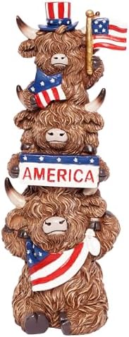 7.09inch Highland Cow 4th of July Decor, Stacked Patriotic Trio Figurine with Star & Stripe Accents, Rustic Resin Figurine for Farmhouse Table Decoration, US 250th Independence Memorial Day Gift by YeehaWhoo