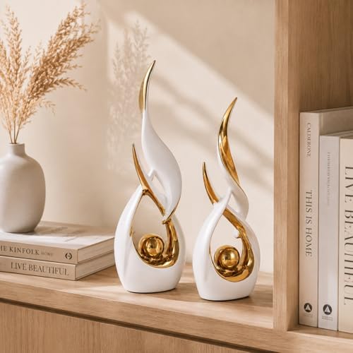 2 PCS White Gold Ceramic Statues For Home Decor Accents, Modern Abstract Art Sculptures, Elegant Tabletop Decorative Objects For Dining Room, Entryway, Tv Stand, Mantel, Coffee Table Centerpieces - Image 6