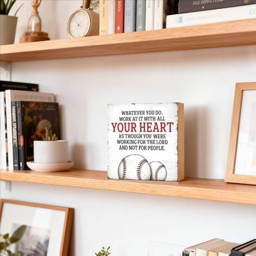 TOUNER Work At It With All Your Heart Wooden Box Sign Baseball Player Decor - Image 3