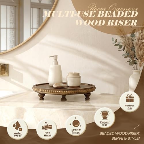 EOSAHR Beaded Acacia Wood Round Display Riser for Boho Kitchen Decor, Brown - Image 5