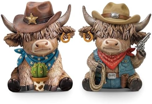 Wesiti 2 Pcs Highland Cow Figurines, Cowboy Western Resin Statue Set by Wesiti