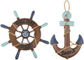 2 Pack 13" Nautical Beach Wooden Ship Wheel and 13" Wooden Anchor with Rope Nautical Boat Steering Wheel Rudder Anchor Wall Art Decor Door Hanging Ornament Beach Theme Home Decoration(Retro Brown) by Meching