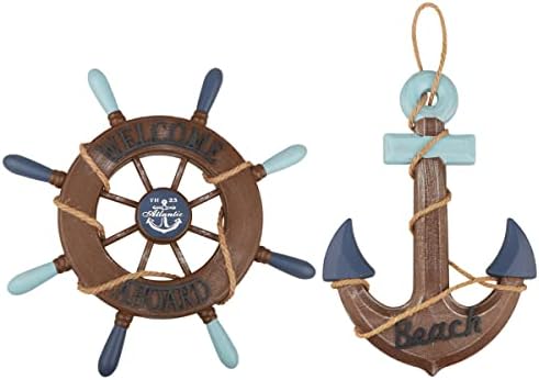 2 Pack 13" Nautical Beach Wooden Ship Wheel and 13" Wooden Anchor with Rope Nautical Boat Steering Wheel Rudder Anchor Wall Art Decor Door Hanging Ornament Beach Theme Home Decoration(Retro Brown) by Meching