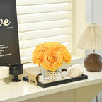 Silk Roses in Glass Vase with LED, Low Centerpiece for Table, Golden Yellow - Image 4