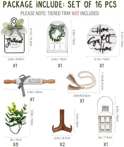 Houmury Set of 16 Farmhouse Tiered Tray Decor with 1 Lantern Artificial Plant& Cutting Board Sign for Rustic Home Kitchen Decor Tier Tray Decor Set (Tiered Tray Not Included) - Image 3