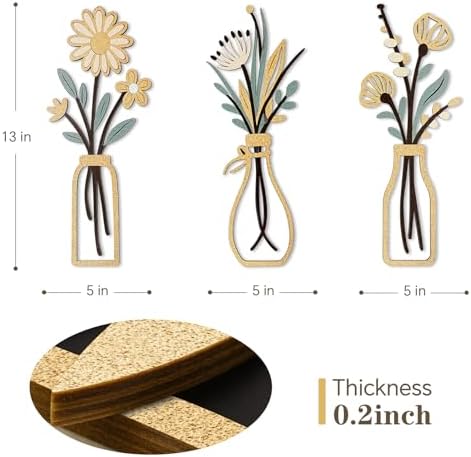 puthiac Wooden Floral Vase Wall Art Set of 3, Rustic Boho Farmhouse Decor - Image 5
