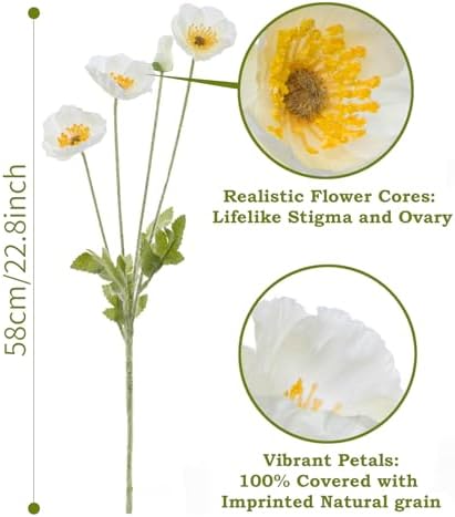 Artificial Poppies, White Silk Poppies Artificial Flowers - 24x Blooming California Poppy Flower Artificial Plus 8X Buds for Home Decoration, WHWH8 - Image 2