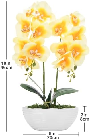 Large Artificial Orchid Arrangement in Oval Ribbed Ceramic Pot, Yellow - Image 6