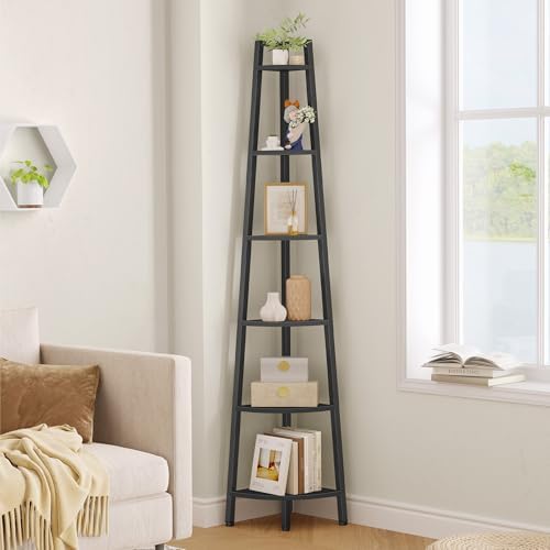 Hoctieon Corner Shelf, 6-Tier Corner Bookshelf, Rustic Ladder Shelf, Industrial Display Stand for Living Room, Kitchen, Home Office, Balcony, Small Space, Metal Frame, Black by Hoctieon