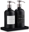 Glass Soap Dispenser Set of 2 (Black) with Silicone Tray | Hand and Dish Soap Dispenser for Kitchen and Bathroom | 16.8 Oz Glass Bottles with Stainless Steel Pump & 15 Waterproof Labels (Black/Silver) by Unknown