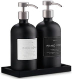 Glass Soap Dispenser Set of 2 (Black) with Silicone Tray | Hand and Dish Soap Dispenser for Kitchen and Bathroom | 16.8 Oz Glass Bottles with Stainless Steel Pump & 15 Waterproof Labels (Black/Silver) by Unknown