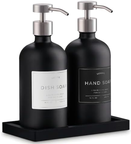Glass Soap Dispenser Set of 2 (Black) with Silicone Tray | Hand and Dish Soap Dispenser for Kitchen and Bathroom | 16.8 Oz Glass Bottles with Stainless Steel Pump & 15 Waterproof Labels (Black/Silver) by Unknown