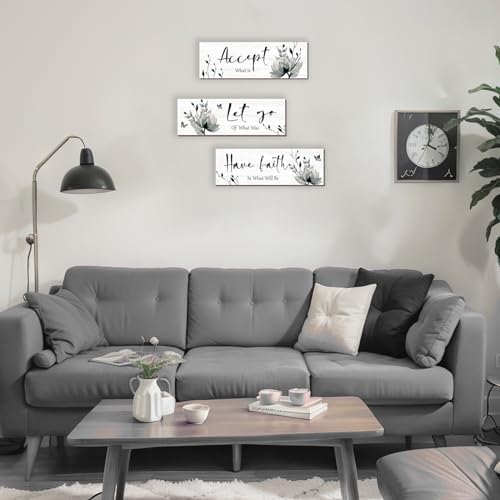 3 Pcs Black And White Bathroom Decor Rustic Flower Black Wall Art Accept Let Go Have Faith Farmhouse Bedroom Wall Decor Wooden Inspirational Quotes Grey Decoration for Living Room(Black,12 x 4 Inches) - Image 2