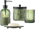 4PCs Heavy Weight Decent Glass Bathroom Accessories Set with Decorative Pressed Pattern - Includes Hand Soap Dispenser & Tumbler & Soap Dish & Toothbrush Holder (Green) by KMwares