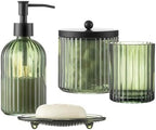 4PCs Heavy Weight Decent Glass Bathroom Accessories Set with Decorative Pressed Pattern - Includes Hand Soap Dispenser & Tumbler & Soap Dish & Toothbrush Holder (Green) by KMwares