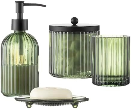 4PCs Heavy Weight Decent Glass Bathroom Accessories Set with Decorative Pressed Pattern - Includes Hand Soap Dispenser & Tumbler & Soap Dish & Toothbrush Holder (Green) by KMwares