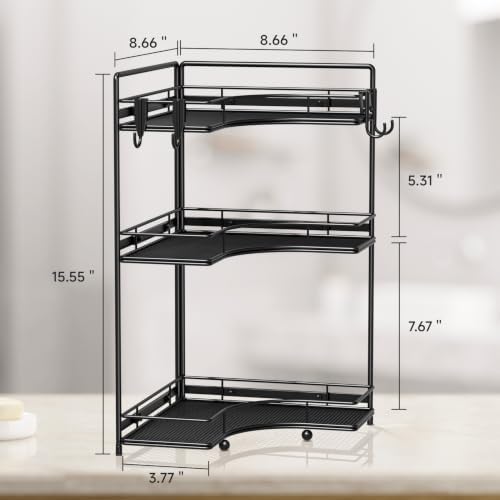 VITVITI 3 Tier Corner Bathroom Counter Organizer, Bathroom Countertop Organizer Storage for Sink, Metal Mesh Makeup Organizer for Vanity Countertop Kitchen with Hooks, Black - Image 6