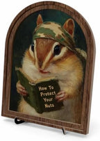 Wooden Tabletop Decor Funny Reading Chipmunk Art for Bookshelf Desk Shelf, Vintage Animal Sign with Rustic Frame, Home Office Decorative Accent by Unknown
