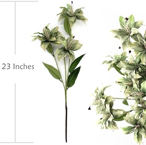 Artificial Lily Flowers, Vintage Fake Silk Flower Long Stems Stargazer Lilies Real Touch Faux Plants Tiger Bouquets for Home Decor Indoor Wedding Party Floral Arrangement DIY Decoration - Green 4 Pack - Image 5