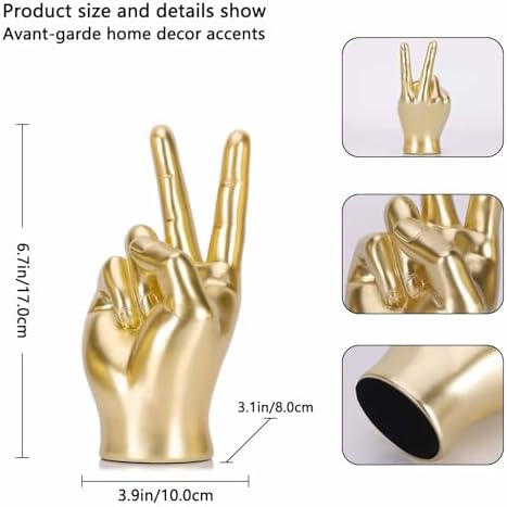 LCCCK Gold Hand Sculpture Peace Sign Decor, Cool Gesture Hand Statue Finger Knick Knack for Shelves, Weird Gift Funky Sculpture for Desk Bookshelf TV Stand Accent Ornaments Peaceful Decor - Image 2
