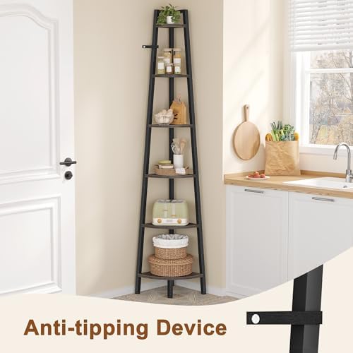 Hoctieon Corner Shelf, 6-Tier Corner Bookshelf, Rustic Ladder Shelf, Industrial Display Stand for Living Room, Kitchen, Home Office, Balcony, Small Space, Metal Frame, Grey - Image 4