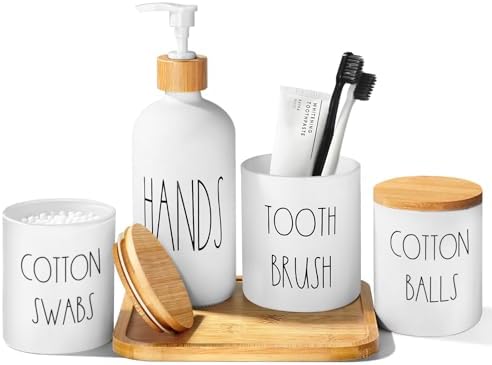 White Bathroom Accessories, 5 Pcs Glass Bathroom Accessory Set with Bamboo Tray, Soap Dispenser and Toothbrush Holder Set, Qtip and Cotton Ball Holder, Farmhouse Boho Bathroom Set Complete by ALPIRIRAL