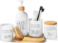 White Bathroom Accessories, 5 Pcs Glass Bathroom Accessory Set with Bamboo Tray, Soap Dispenser and Toothbrush Holder Set, Qtip and Cotton Ball Holder, Farmhouse Boho Bathroom Set Complete by ALPIRIRAL