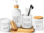 White Bathroom Accessories, 5 Pcs Glass Bathroom Accessory Set with Bamboo Tray, Soap Dispenser and Toothbrush Holder Set, Qtip and Cotton Ball Holder, Farmhouse Boho Bathroom Set Complete by ALPIRIRAL