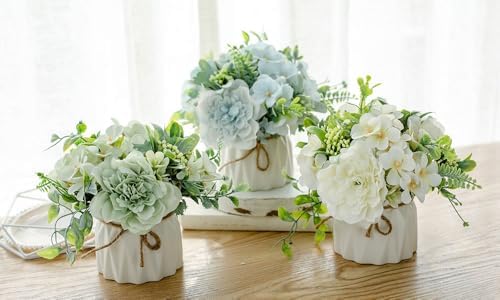 TKAS Fake Flowers Arrangement in Ceramic Vase, Artificial Faux Silk Roses & Hydrangea, Small Realistic Dried-Style Floral Dining Table Centerpiece for Wedding Party Home Decoration (White) - Image 4