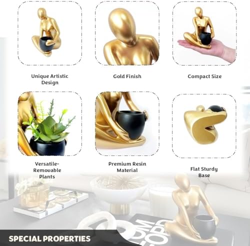 Senea Kay Modern Abstract Statue with Removable Faux Succulents Plants – Resin Figurine Home Decor Accents, Coffee Table Shelf Styling. Collectible Art Luxury Gift Items Woman thinker sculpture (Gold) - Image 5