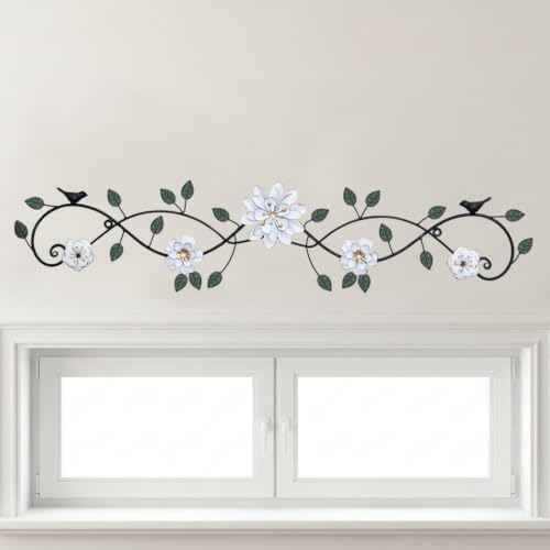 Birminwind Metal Flower Wall Art above Door: 3D Floral Wall Décor above Window with Bird Leaves - 32.28" French Country Decoration above Bed Couch Tv (White) by Birminwind