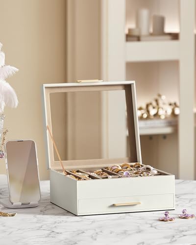 SONGMICS Jewelry Box Organizer, 2-Layer Storage with 1 Drawers, Glass Lid - Image 2
