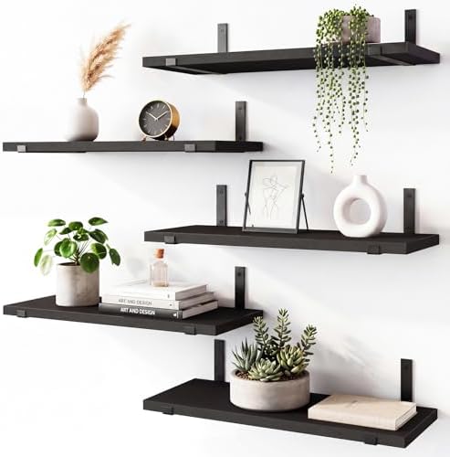 Fixwal Floating Shelves for Wall, Wood, Set of 5, Width 4.75 Inches, Black by Fixwal