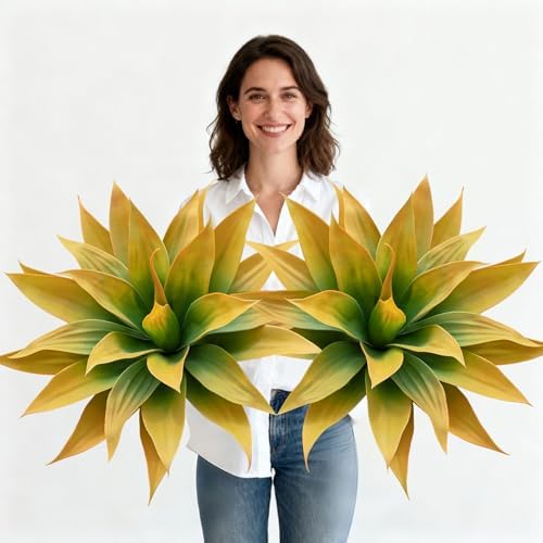 Artificial Agave Plants Outdoors, 28", 2-Pack, Yellow Fake Greenery by ENALGRE