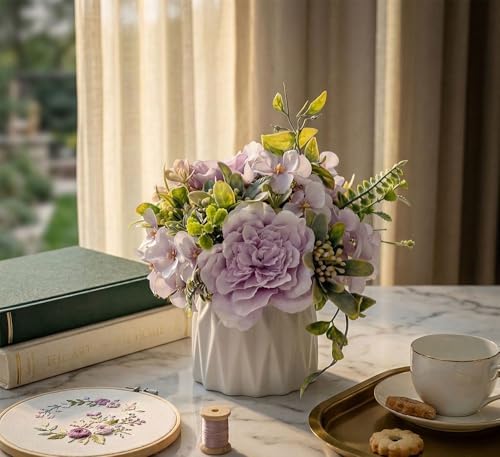 TKAS Artificial Flowers Fake Silk Flowers with Ceramics Vase Rose Bouquets Faux Floral Arrangements Plants Decoration for Table Centerpieces Home Office Wedding (Purple) - Image 4