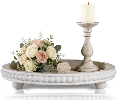 Decorative Coffee Table Tray, 12 Inch White Washed Wooden Beaded Tray with Removable Legs, Rustic Farmhouse Centerpiece Tray for Living Room, Kitchen Counter Decor by FZBCTLDZ