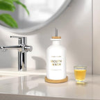 Mouthwash Dispenser for Bathroom 11.8oz – Glass Mouthwash Bottle with Cup & Bamboo Tray, Gold Hot-Stamped Lettering, Nordic Style Countertop Accessory, White Bathroom Accessories (White) - Image 2